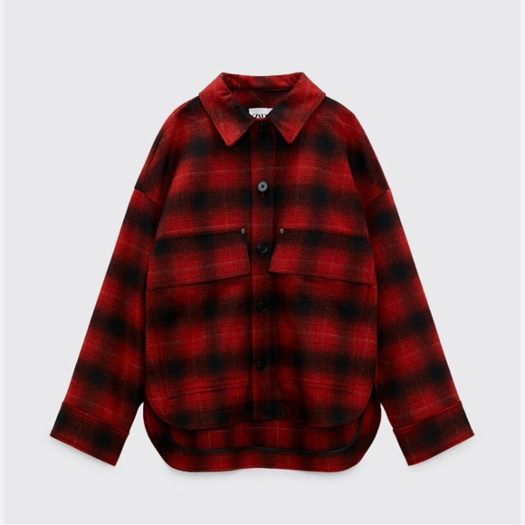 Zara Tartan Plaid Wool Blend Oversized High Low Shirt Jacket Red Women’s Large - Picture 2 of 6